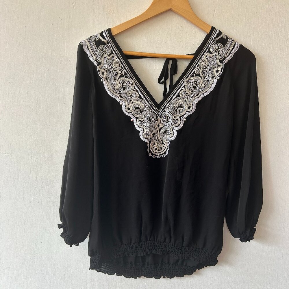 White House Black Market Silk Whimsigoth Blouse Womens Med Black Dark Fairy‎ NWT